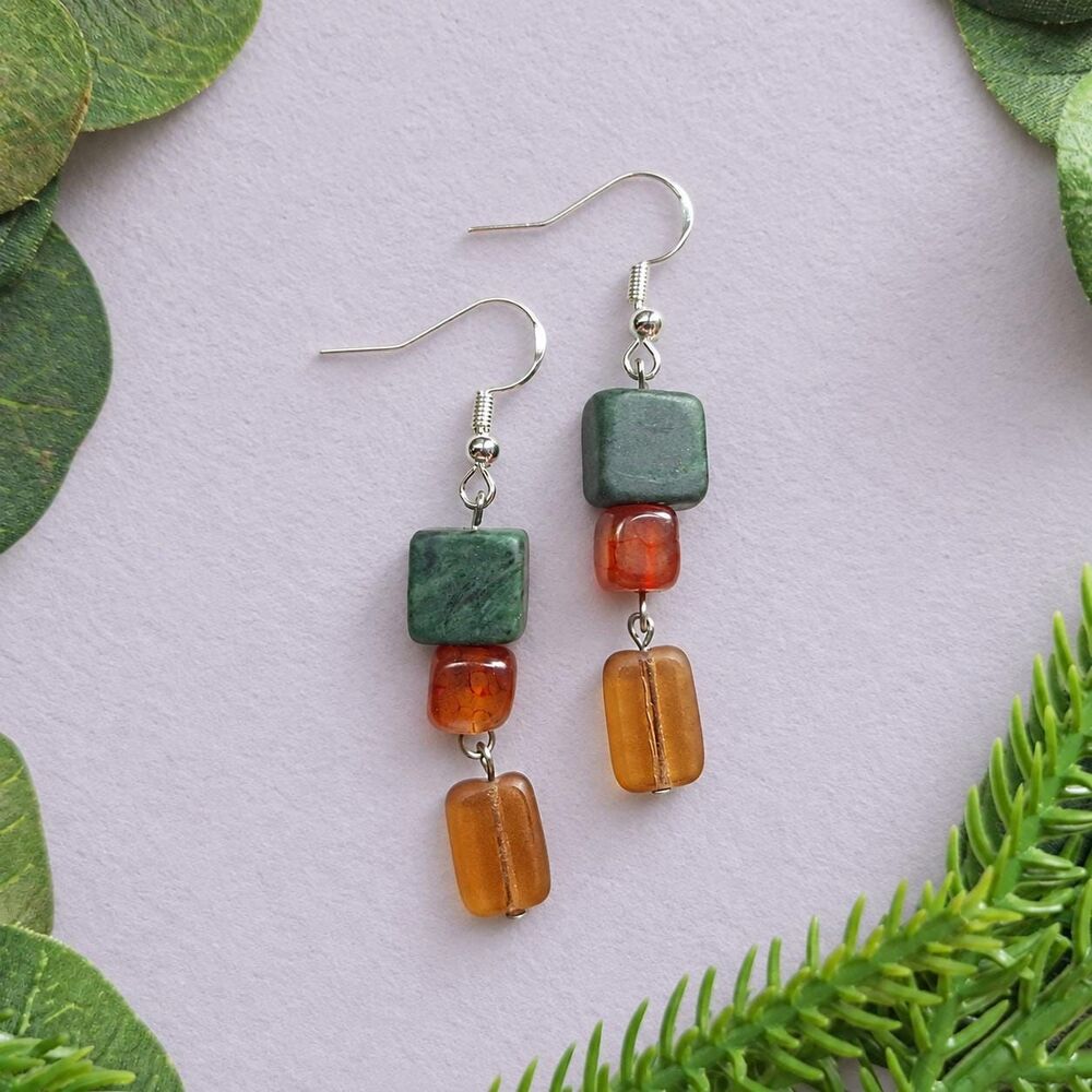 Green Serpentine & Tourmaline Drop Earrings with Czech Glass, Silver Dangle